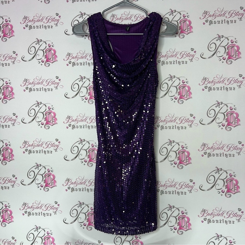 Vero moda dress sparkly shimmer embroidered sequins cowl neck Purple Sequin